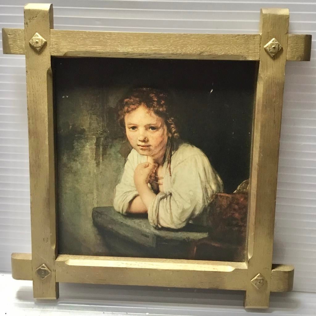 VINTAGE SCHILDERIJ REPRODUCTIE: HET MEISJE IN’T VENSTER, Ophalen of Verzenden, Gebruikt, Minder dan 50 cm, Print