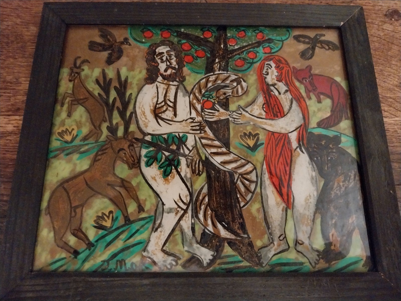 Adam en Evan ...op glas geschilderd door D.Mak., Antiek en Kunst, Ophalen of Verzenden