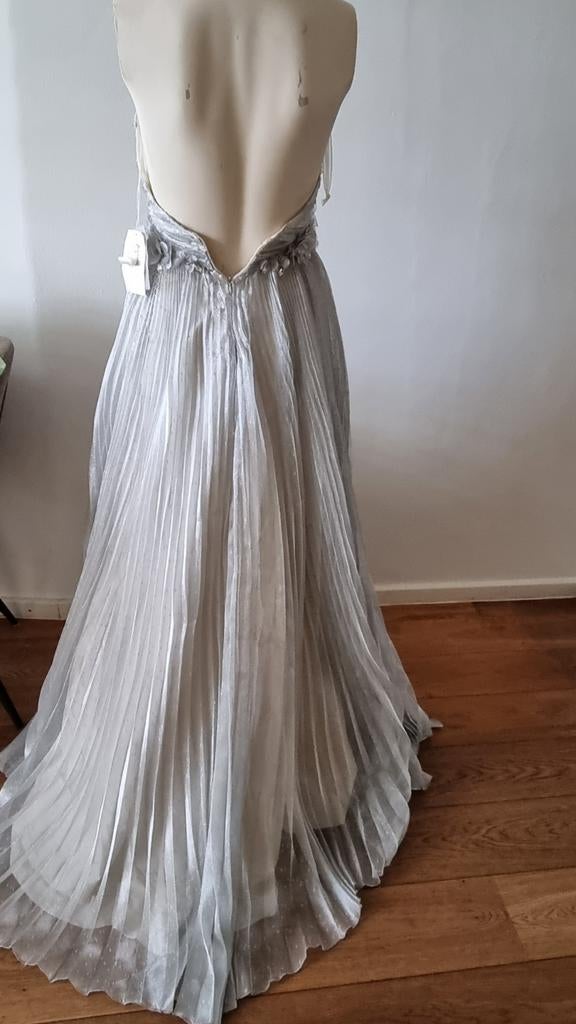 Zilverkleurige galajurk met open rug, nieuwprijs €4495,-, Kleding | Dames, Gelegenheidskleding, Zo goed als nieuw, Galajurk, Maat 38/40 (M)