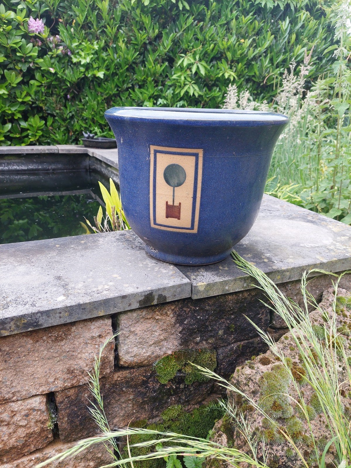 Blauw geglazuurde bloempot., Tuin en Terras, Bloempotten, Rond, Zo goed als nieuw, Minder dan 40 cm, Ophalen