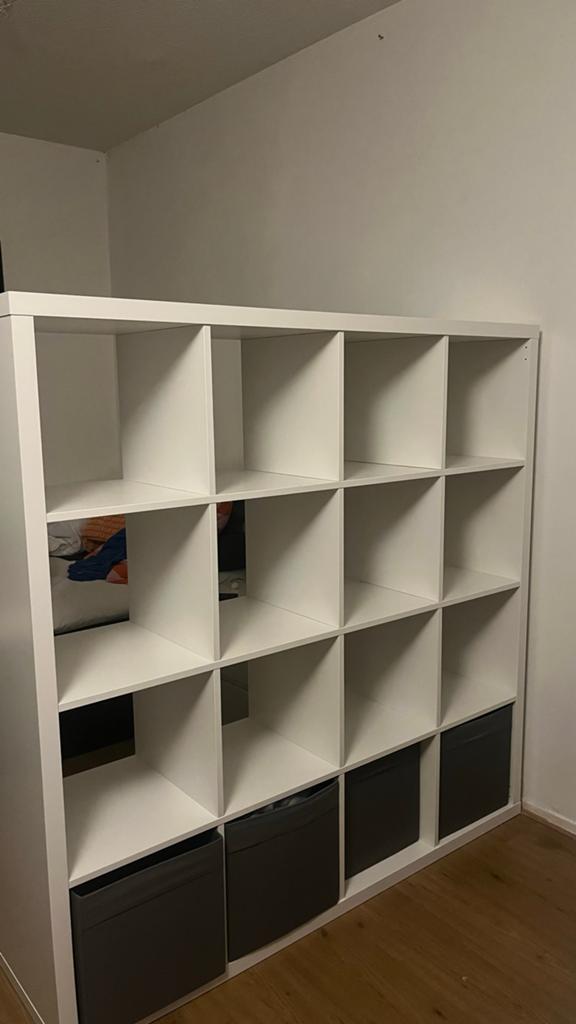 IKEA KALLAX kast 147x147 cm met 4 grijze opbergboxen, Ophalen, 100 tot 150 cm, 100 tot 150 cm, Zo goed als nieuw