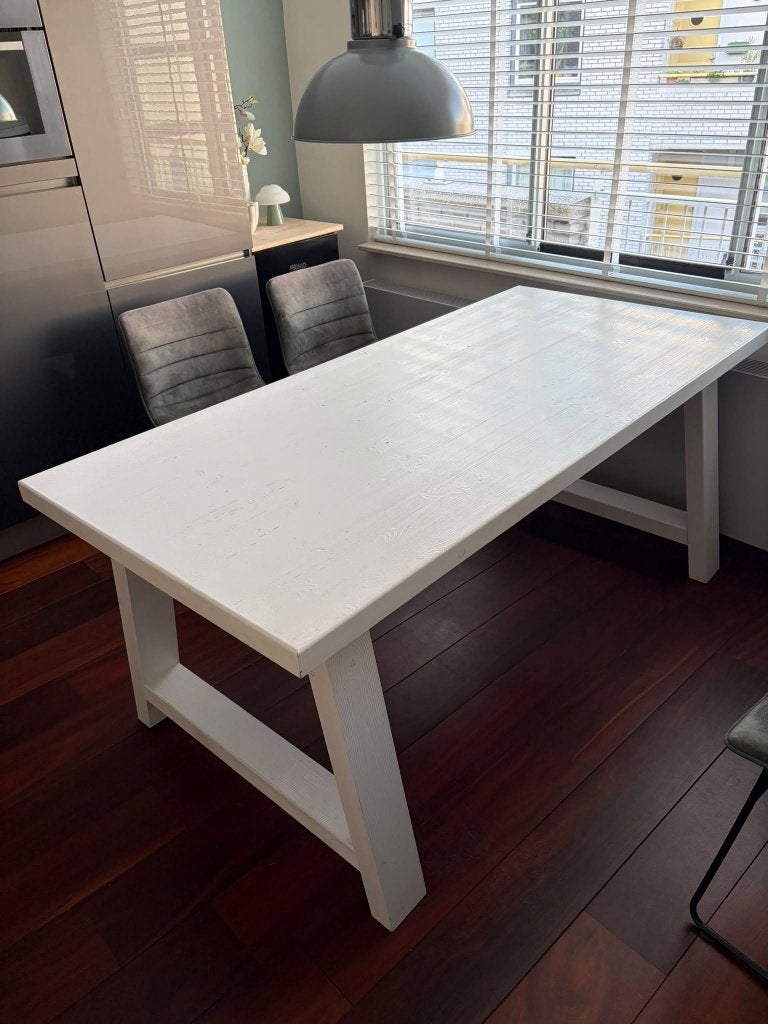 Zuiver 'A-Framed' design eettafel wit (180 cm massief hout), Ophalen, Gebruikt, 50 tot 100 cm, Vijf personen of meer