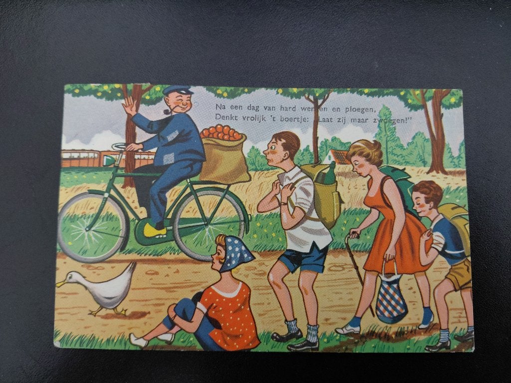 De wandelclub, boer op fiets zwaait, gelopen, 1964 Urk., Verzamelen, Ansichtkaarten | Themakaarten, Gelopen, 1960 tot 1980, Verzenden