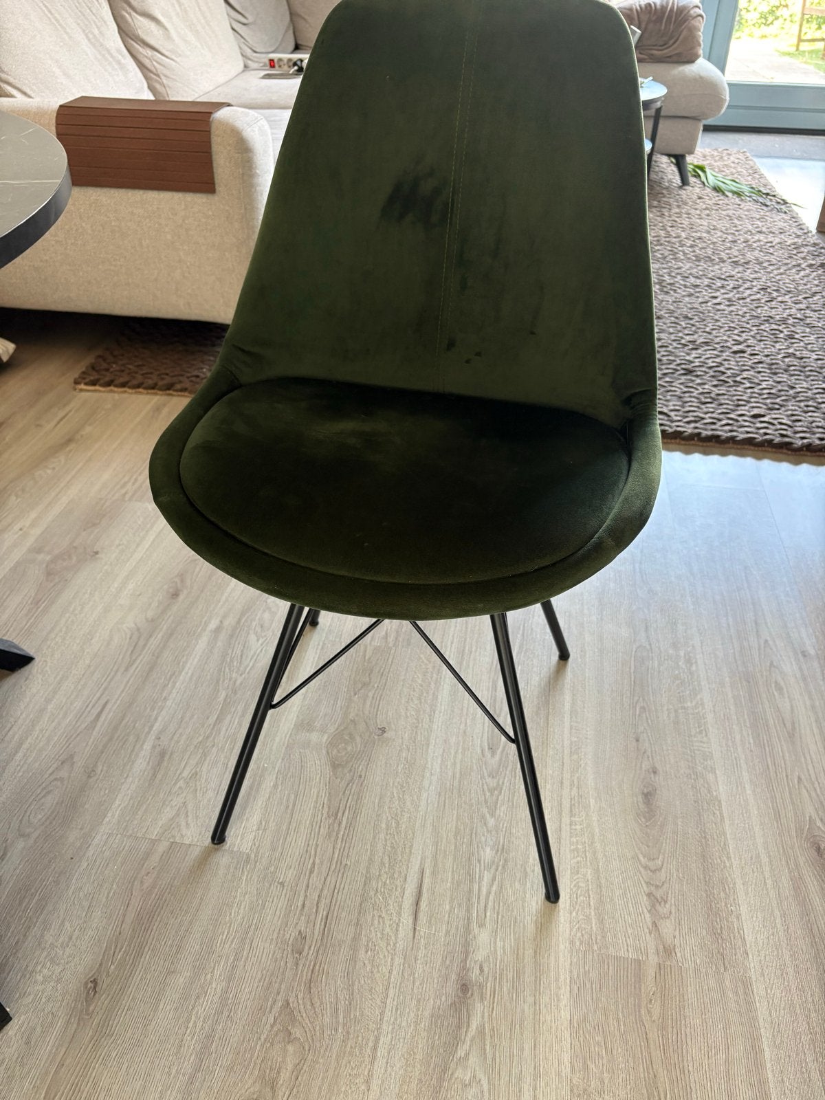 Suede groene eetkamerstoelen, Huis en Inrichting, Stoelen, Gebruikt, Vier, Stof, Overige kleuren, Ophalen