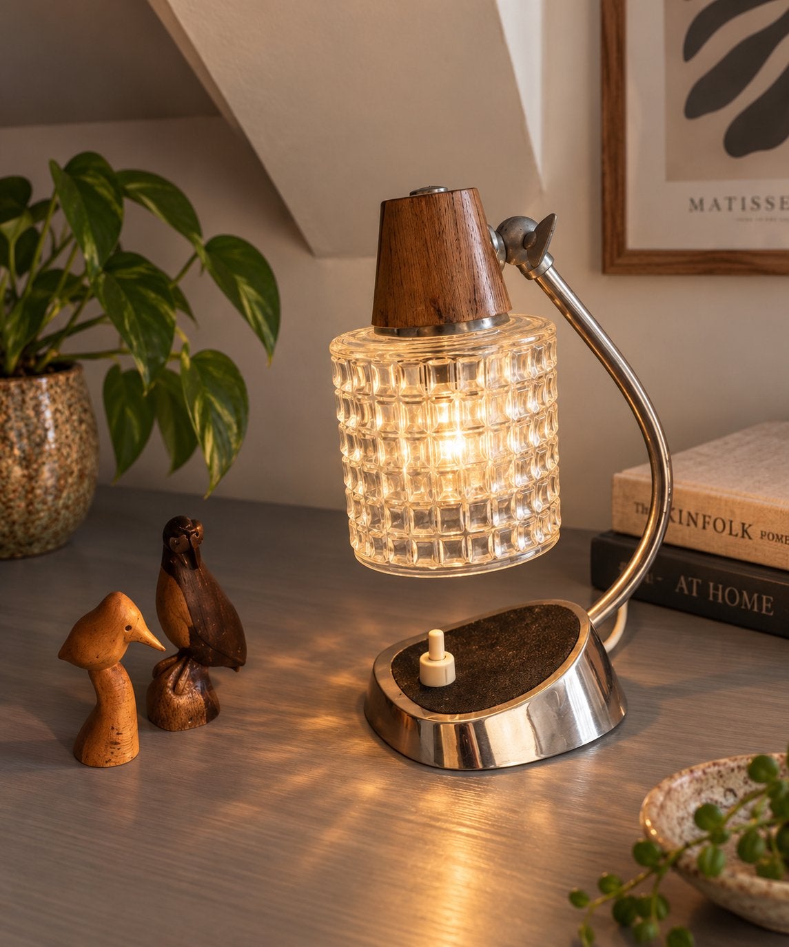 Vintage bureaulamp met hout en glas, Ophalen of Verzenden