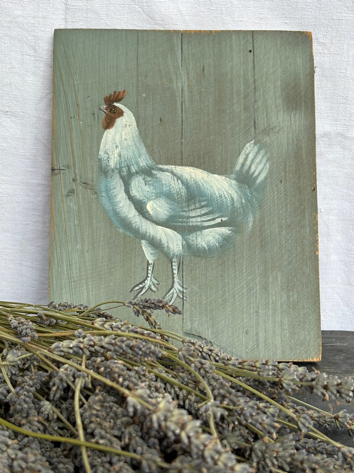 Schilderijtje van kip op hout., Ophalen of Verzenden