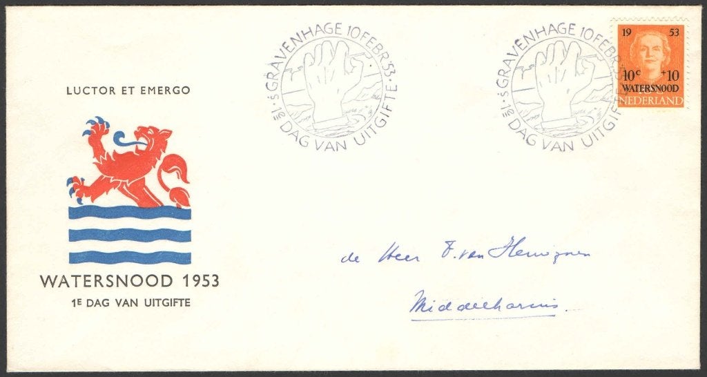 Nederland FDC E12 Met Adres Watersnoodramp 1953, Postzegels en Munten, Ophalen of Verzenden, Beschreven, Nederland