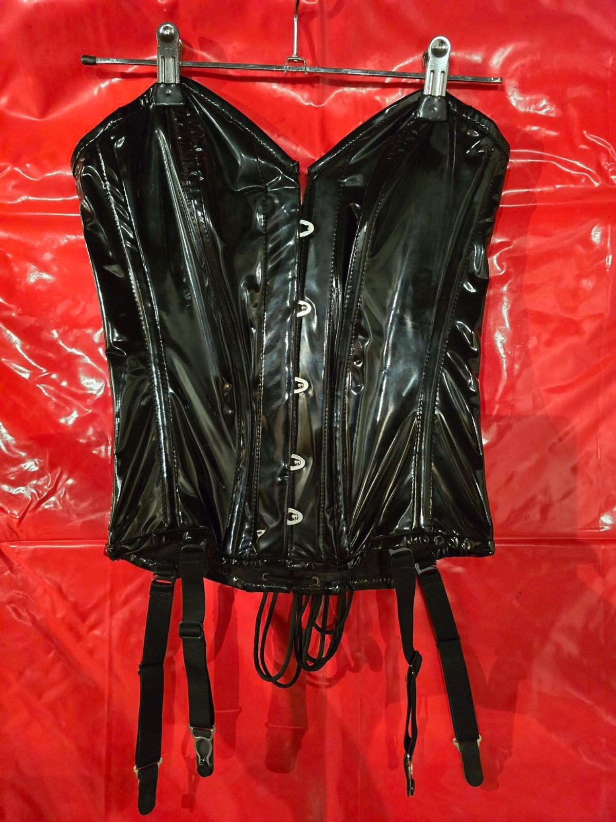 Zwart lak korset met jarretels, Onbekend, Verzenden, Zwart, Body of Korset