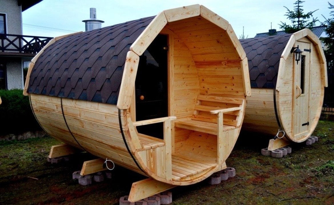 Luxe Outdoor Barrelsauna 200cm – Gecertificeerd Vurenhout, Sport en Fitness, Ophalen, Zo goed als nieuw, Fins of Traditioneel