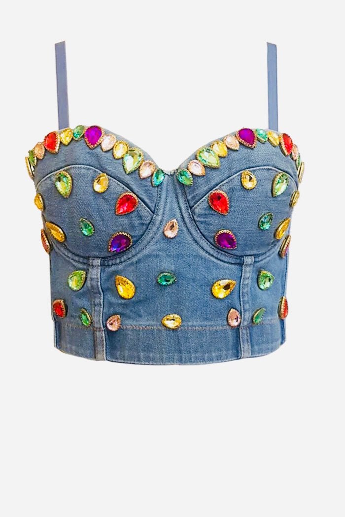 Hunkøn Dion korset is a short top in stretchy denim, Overige typen, Blauw, Maat 42/44 (L), Nieuw
