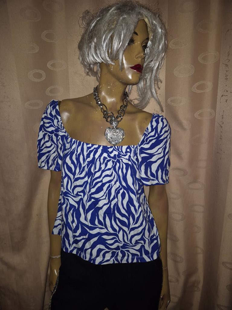 Blauwe en witte zebraprint top met korte mouwen h&m mt M, Kleding | Dames, Tops, Maat 38/40 (M), H&M, Blauw, Ophalen of Verzenden