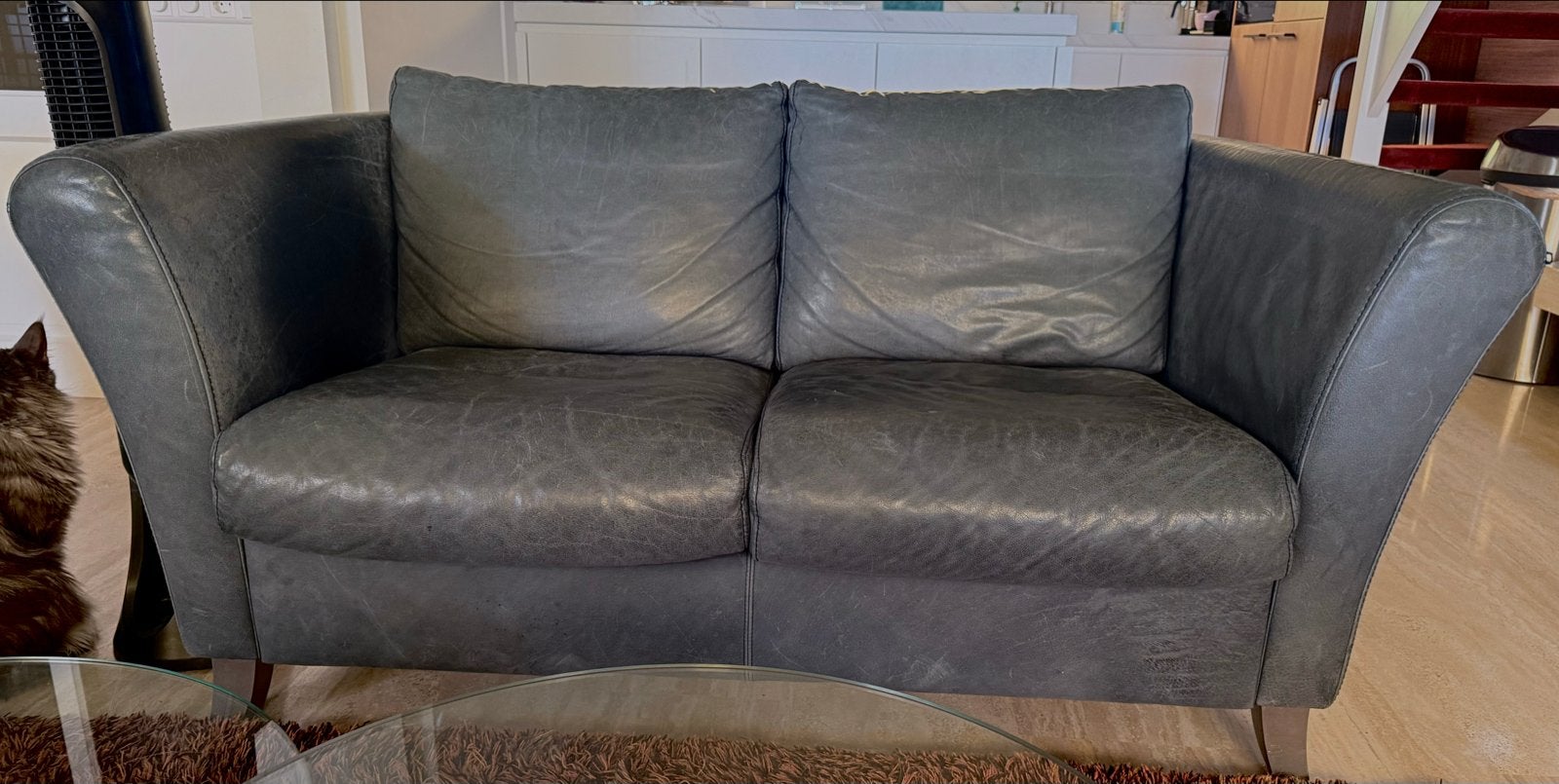 Leren 3- en 2-zitsbank en fauteuil met poef - Gebruikt, Ophalen, Gebruikt, 150 tot 200 cm, Tweepersoons