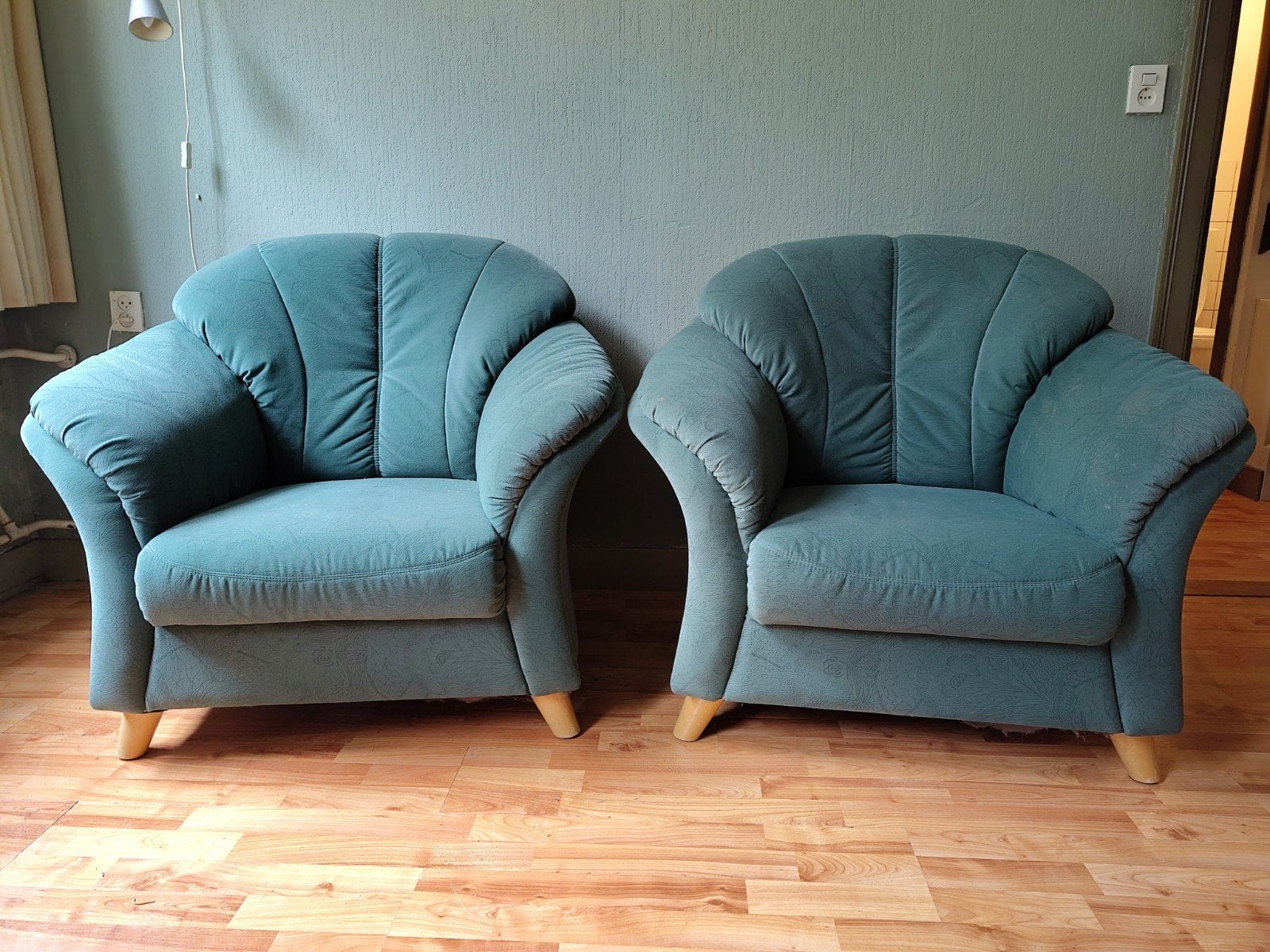 2 groene fauteuils met patroon, Huis en Inrichting, Ophalen, Gebruikt, 75 tot 100 cm, 50 tot 75 cm