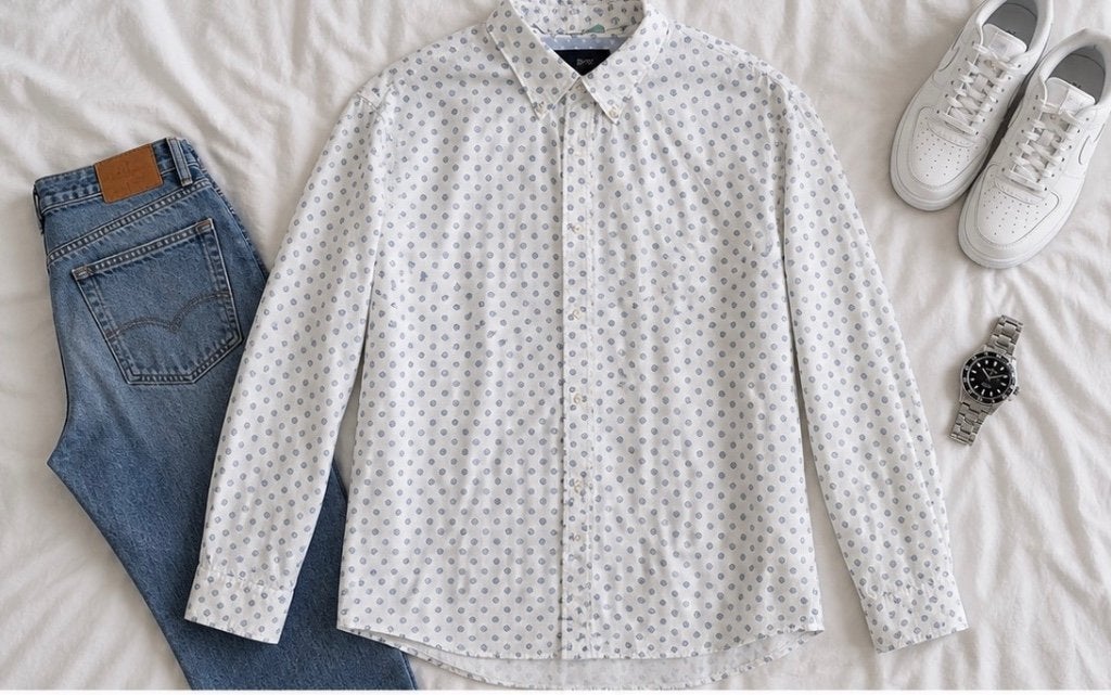 Scotch & Soda wit overhemd met blauwe schelpjes maat XL, Wit, Ophalen of Verzenden, Zo goed als nieuw, Halswijdte 43/44 (XL)