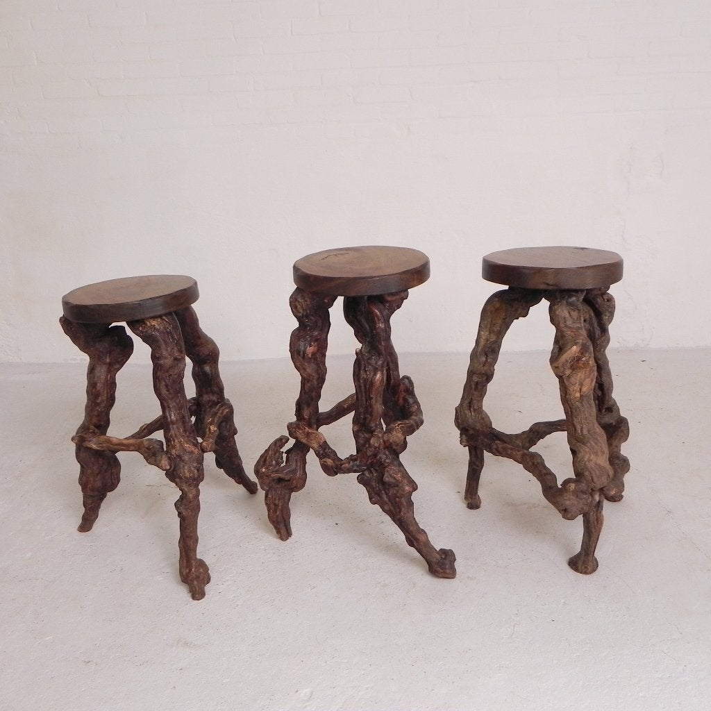 Set van 3 vintage barkrukken van wijnranken, jaren 60, 5 krukken of meer, -, -, 60 tot 90 cm