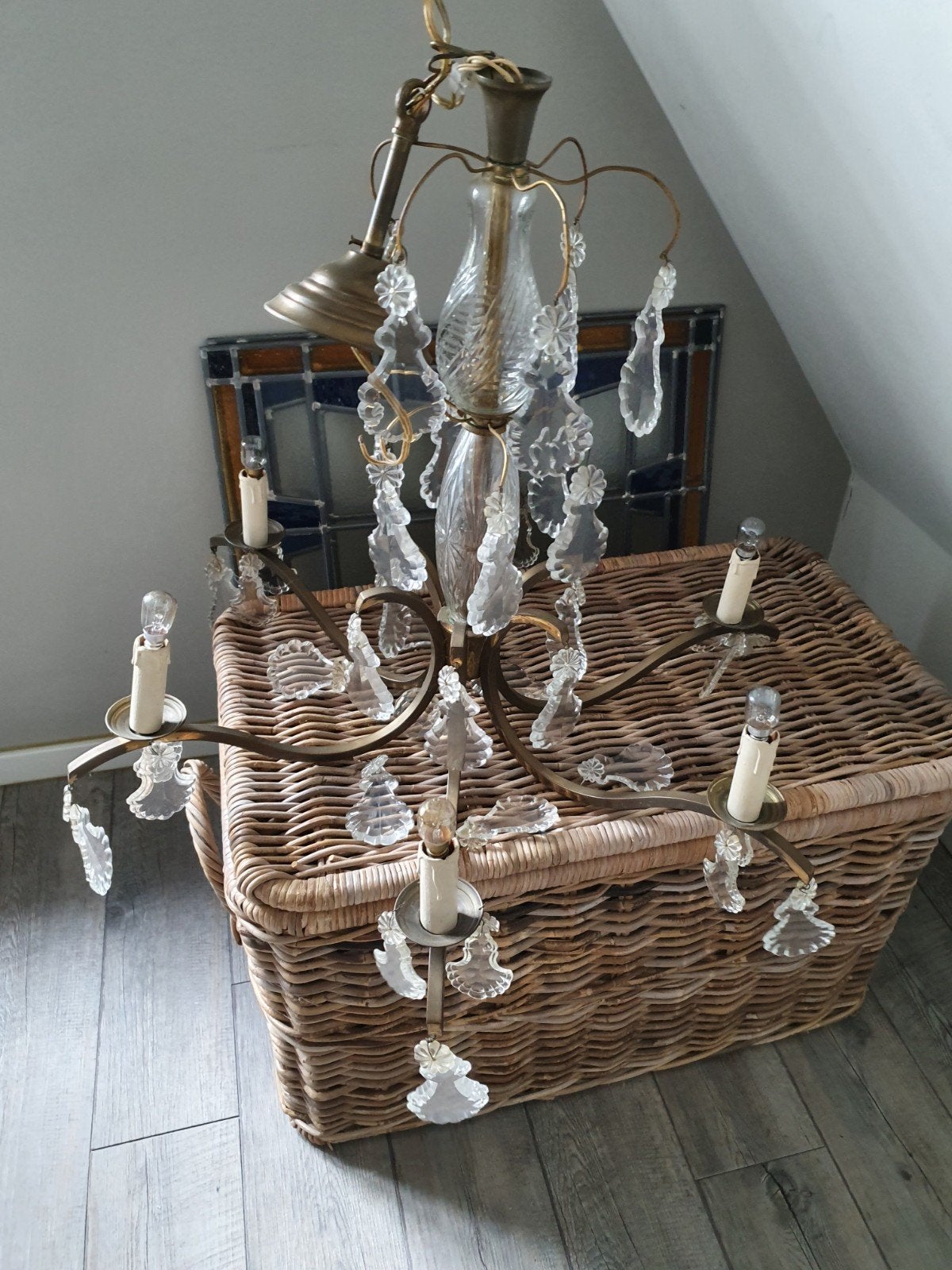 Antieke Franse kroonluchter met kristallen en 6 kaarslampen, Ophalen, Gebruikt, E14 (klein), Klassiek, Antiek, Vintage