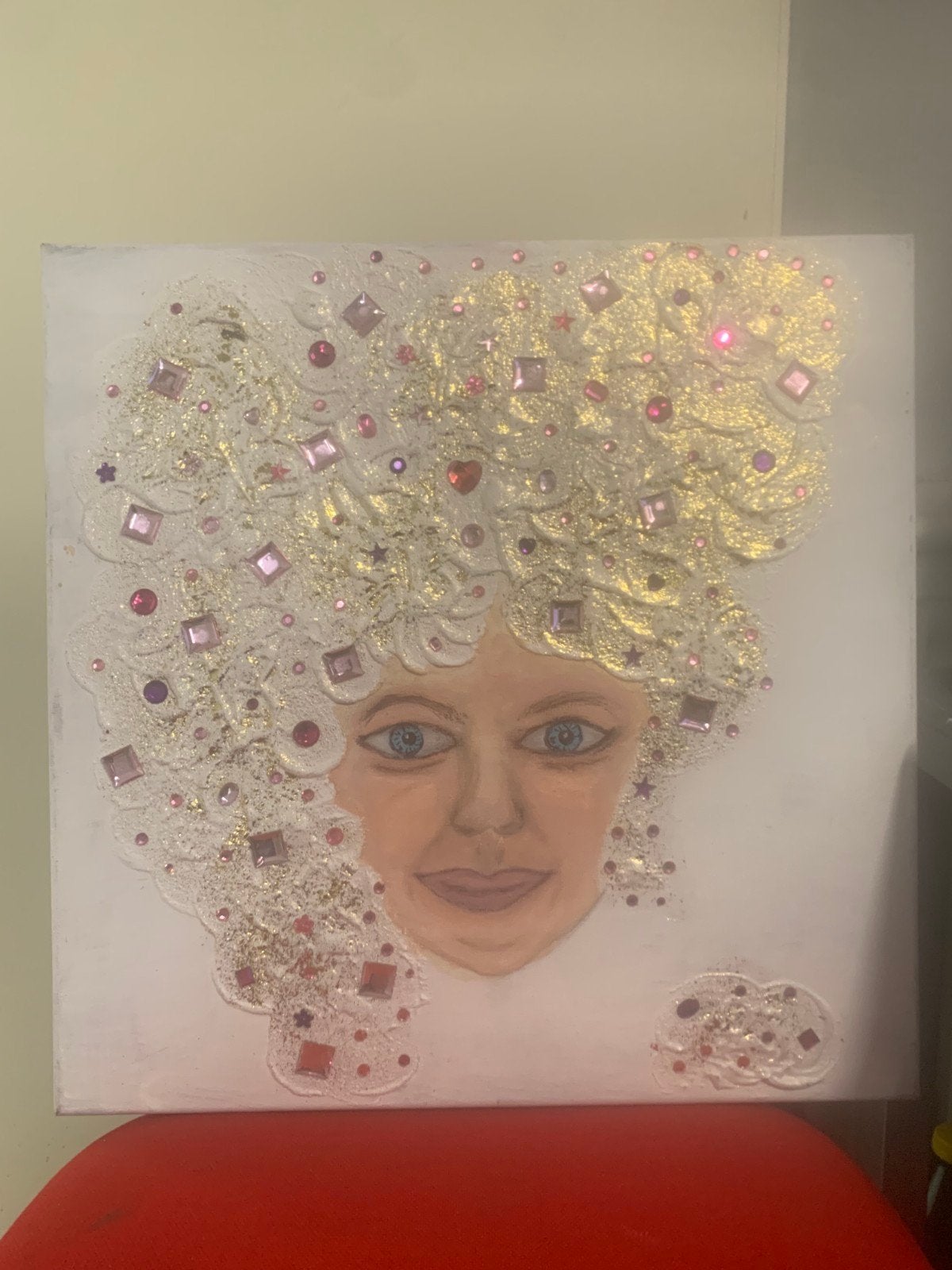 Uniek Portret Schilderij met Glitter en Edelstenen, Antiek en Kunst, Overige stijlen, Doek, Portret of Personen, Ophalen of Verzenden