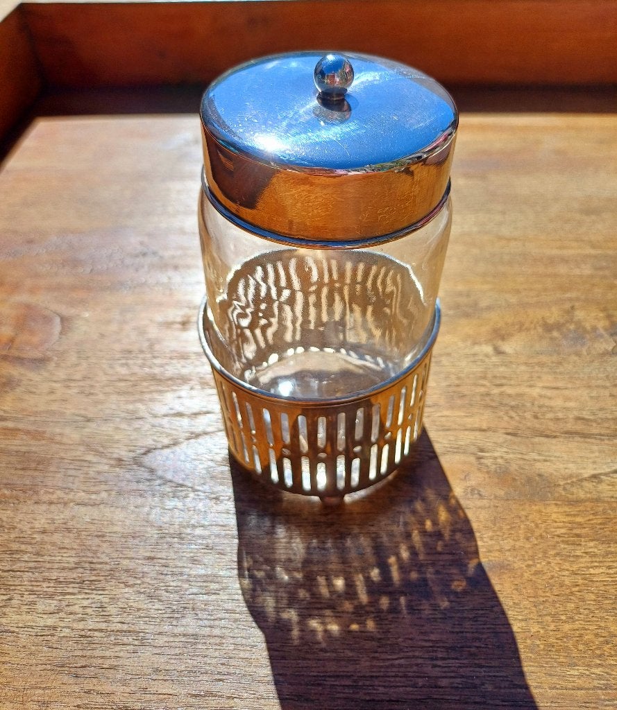 zilverkleurig standaard voor jam/honingpotje, Vintage, Gebruikt, Ophalen of Verzenden, Metaal