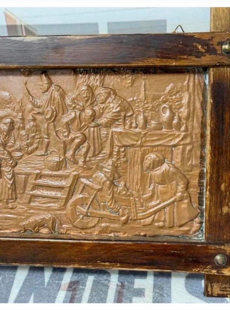 Antiek 1920-1930 ingelijst koperen reliëf kunst boerderij, Ophalen of Verzenden