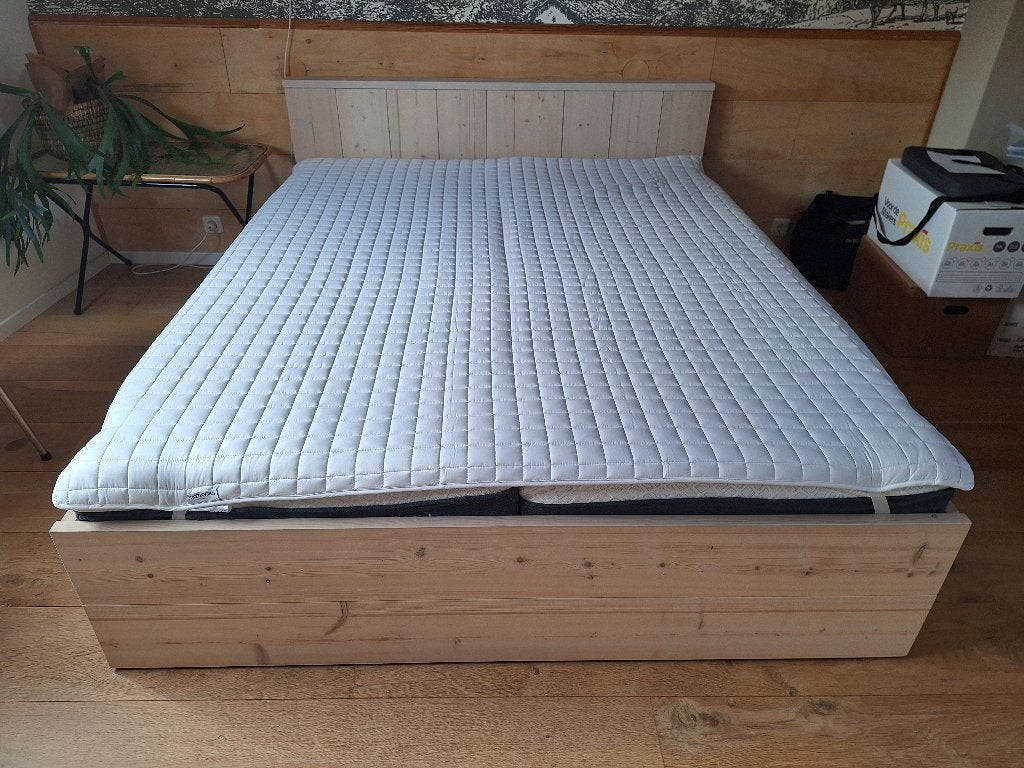 Steigerhouten bed met lattenbodem, Ophalen, Overige kleuren, Tweepersoons, Steiger hout, whitewash geverfd