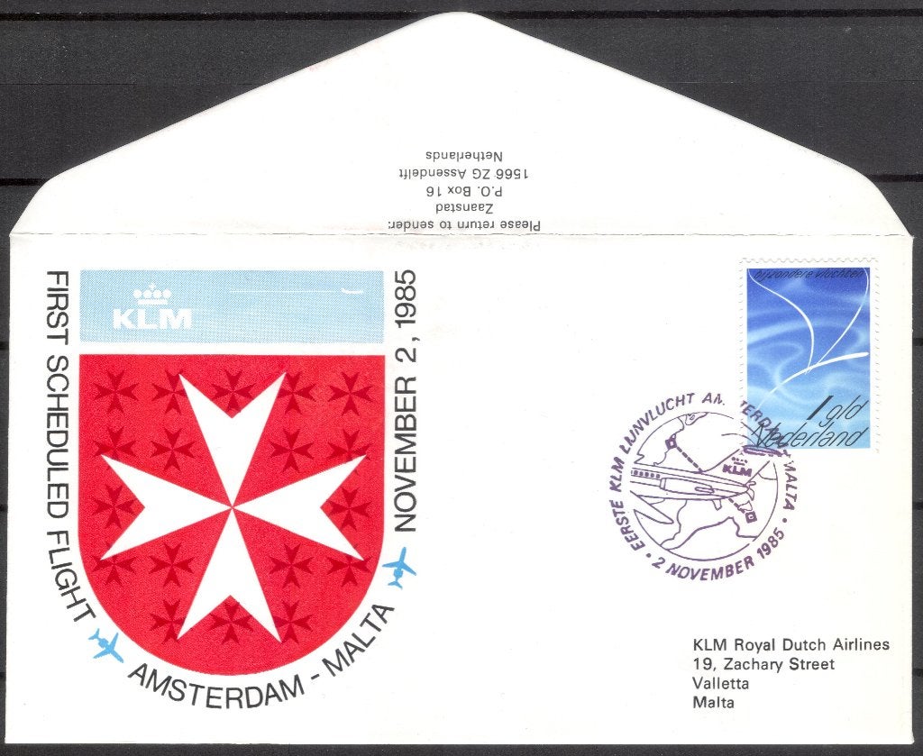 1e KLM vlucht Malta 1985, Verzenden, Envelop