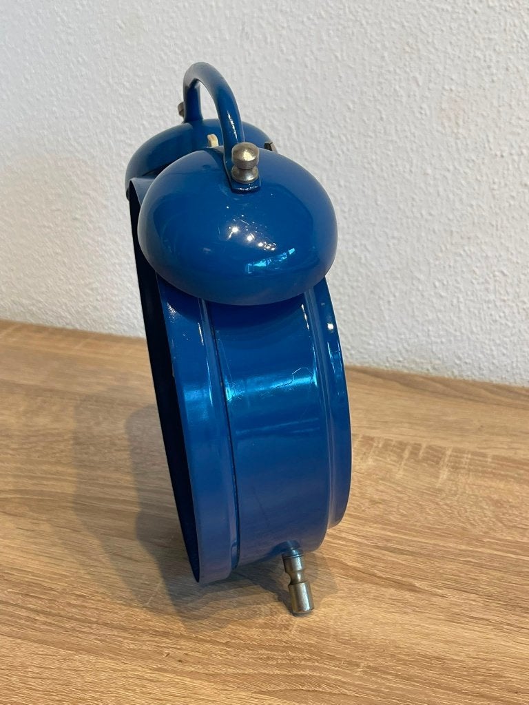 Vintage HEMA Xxl mechanische bellenwekker ca. 24 cm – blauw, Ophalen of Verzenden, Huis en Inrichting