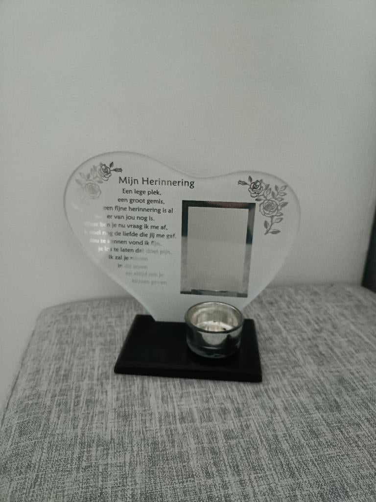 Memoriam waxinehouder of gedenkhart met gedicht en fotolijst, Overige materialen, Zwart, Ophalen of Verzenden, Zo goed als nieuw