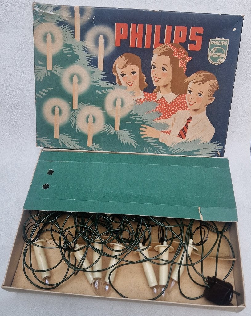 Oude PHILIPS kerstboomverlichting 16 kaarsjes in doos brandt, Ophalen of Verzenden, Gebruikt