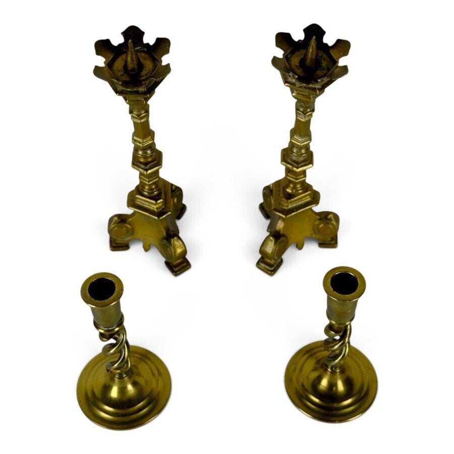 Twee paar antieke messing kandelaars (4x), Antiek en Kunst, Ophalen of Verzenden, Koper of Brons