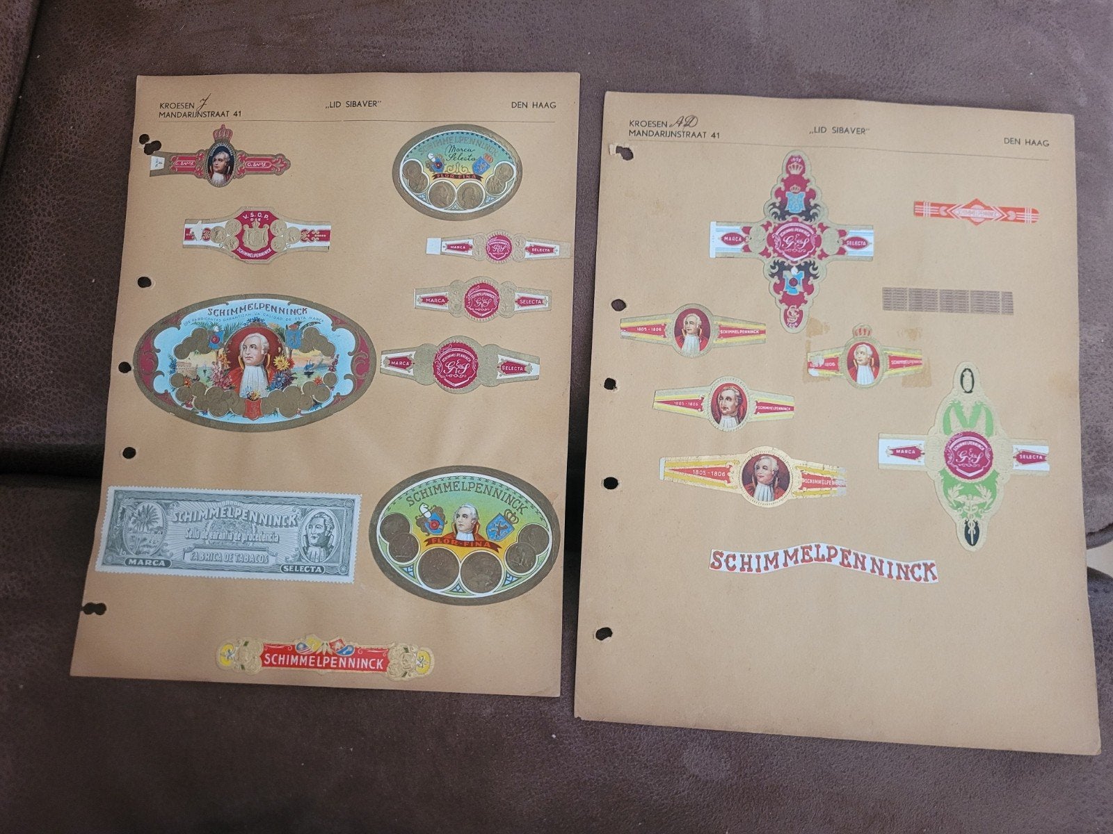 2 bladen met oude sigarenbandjes Schimmelpenninck Wageningen, Ophalen of Verzenden, Gebruikt, Sigarenbandjes