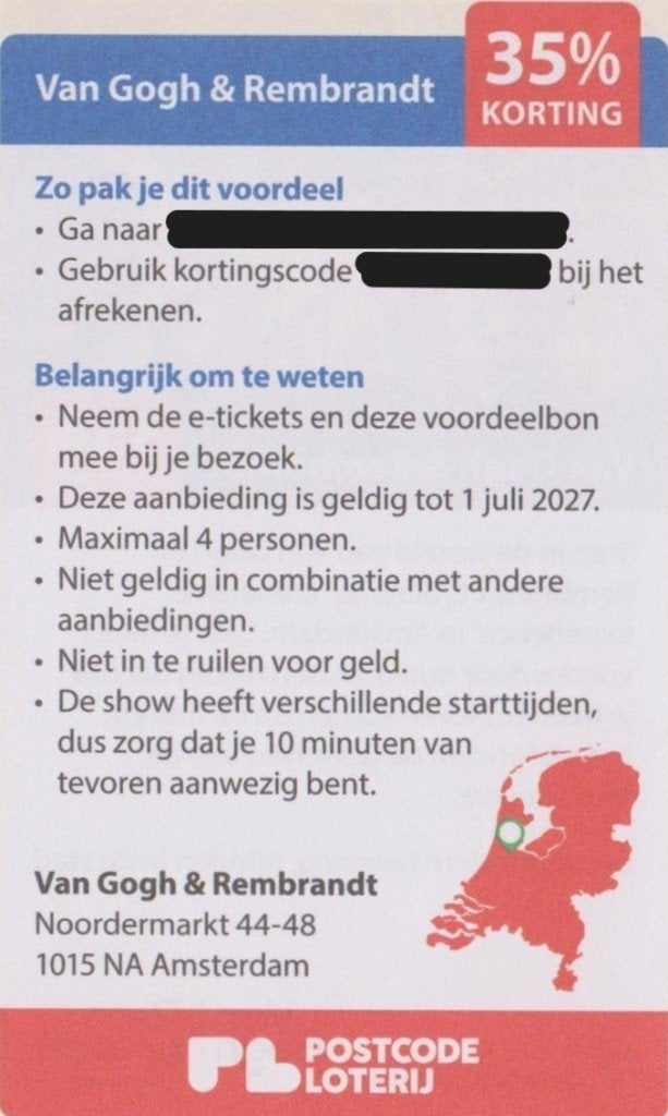 Van Gogh & Rembrandt. Amsterdam. 35% korting. Postcode bon., Tickets en Kaartjes, Musea, Drie personen of meer, Kortingskaart