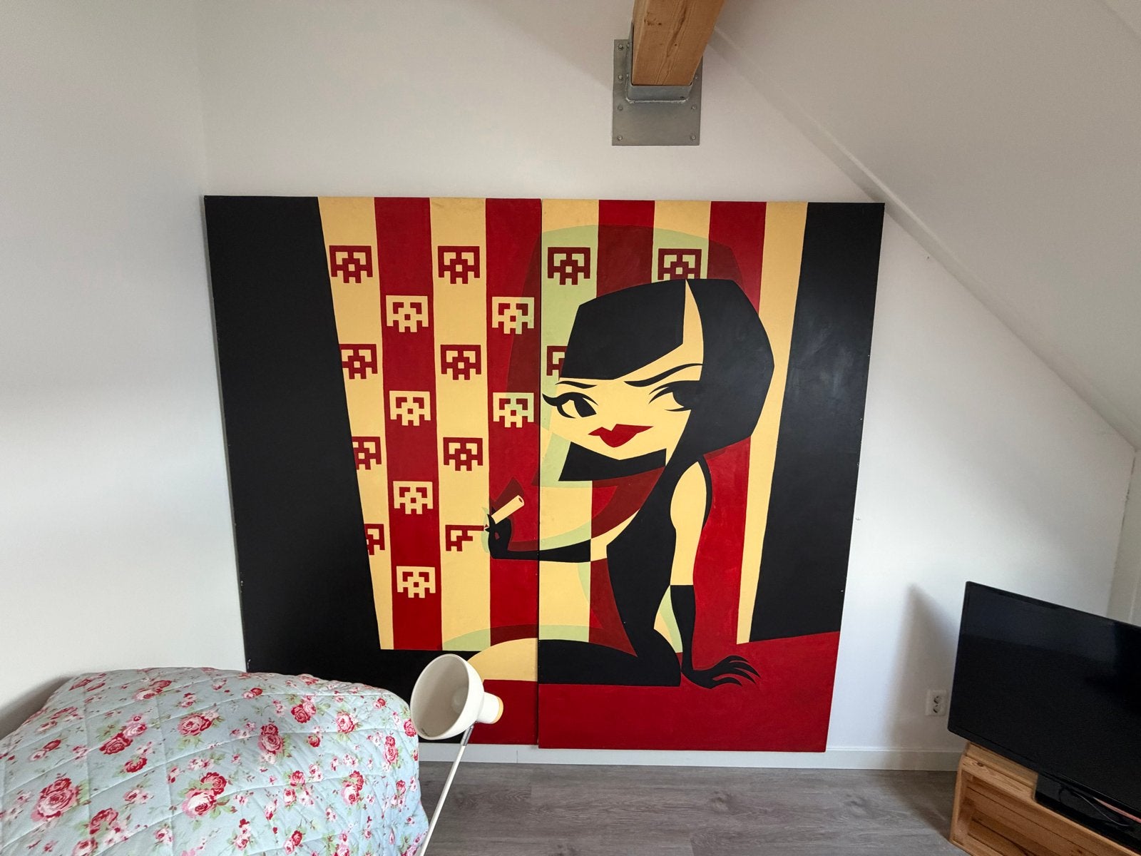 Modern schilderij: Vrouw met sigaret en Space Invaders, Antiek en Kunst, Ophalen, Figuren, Hout, Handgeschilderd