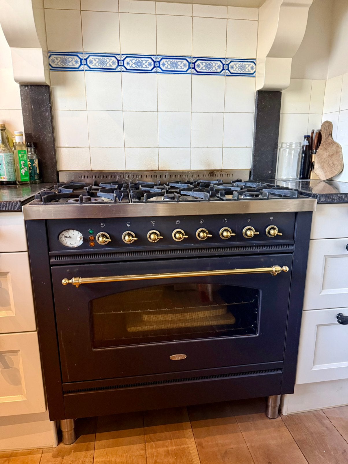 Boretti 6-pits gasfornuis met oven – zwart/messing – 90 cm, Ophalen, Gebruikt, 60 cm of meer, Gas