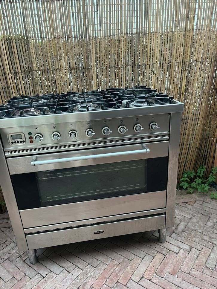 Boretti gasfornuis 6 pits., elec. oven, 90 cm breed, rvs,, Ophalen, Gebruikt, Staal of Rvs, Overige typen