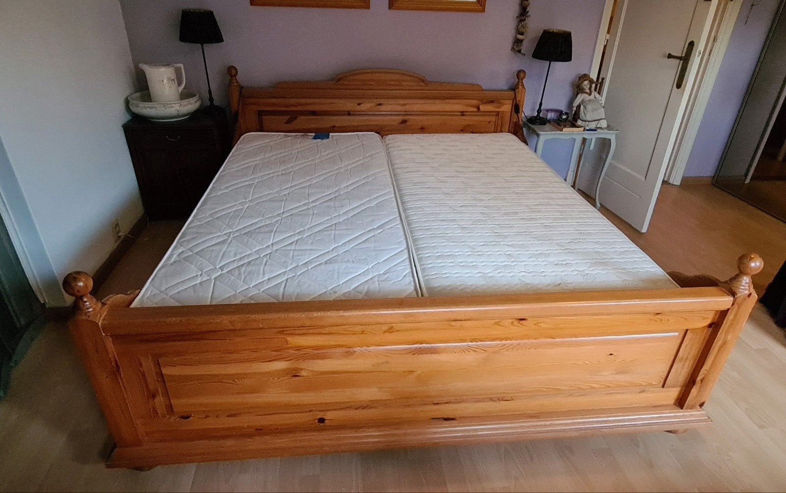 t.e.a.b. Grenen lits-jumeaux bed / 2 losse spiraalbedden apa, Ophalen, Gebruikt, Bruin, Tweepersoons