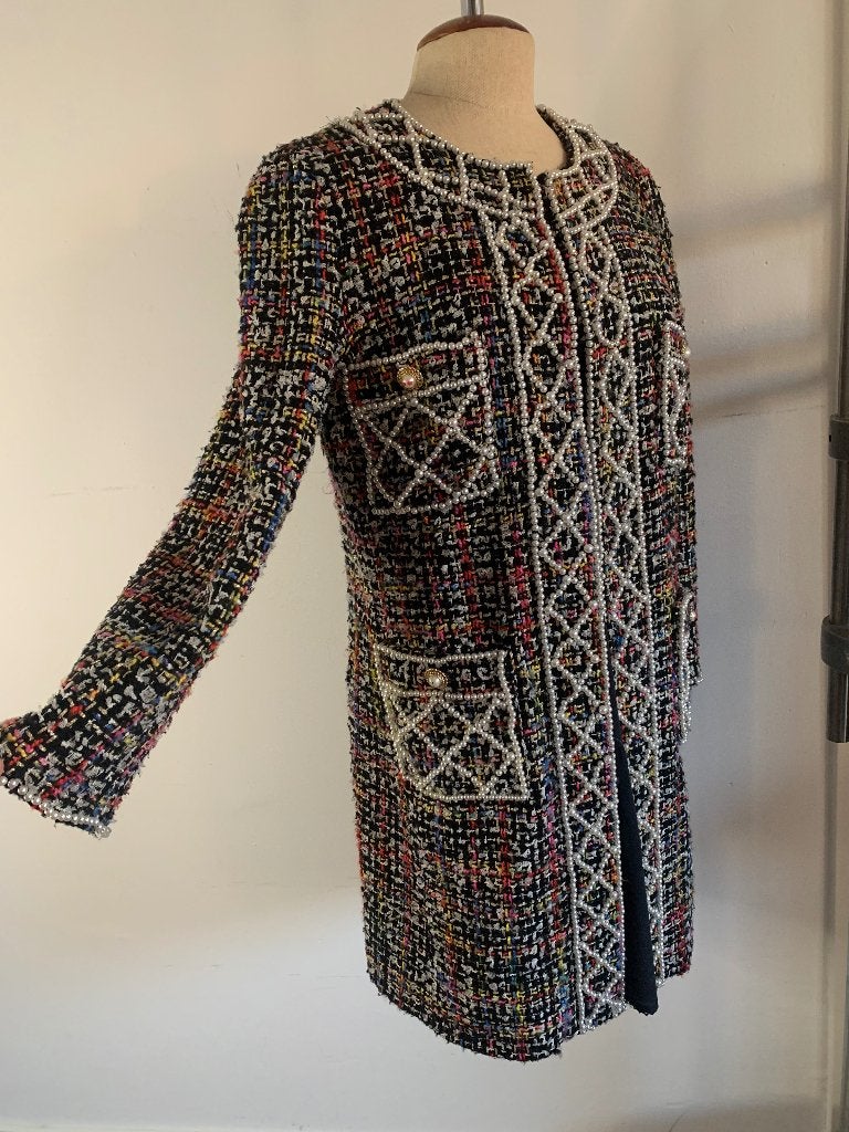 Edward Achour Paris Jas lange blazer parels zwart multi 38/M, Maat 38/40 (M), Zo goed als nieuw, Edward Achour Paris, Meerkleurig