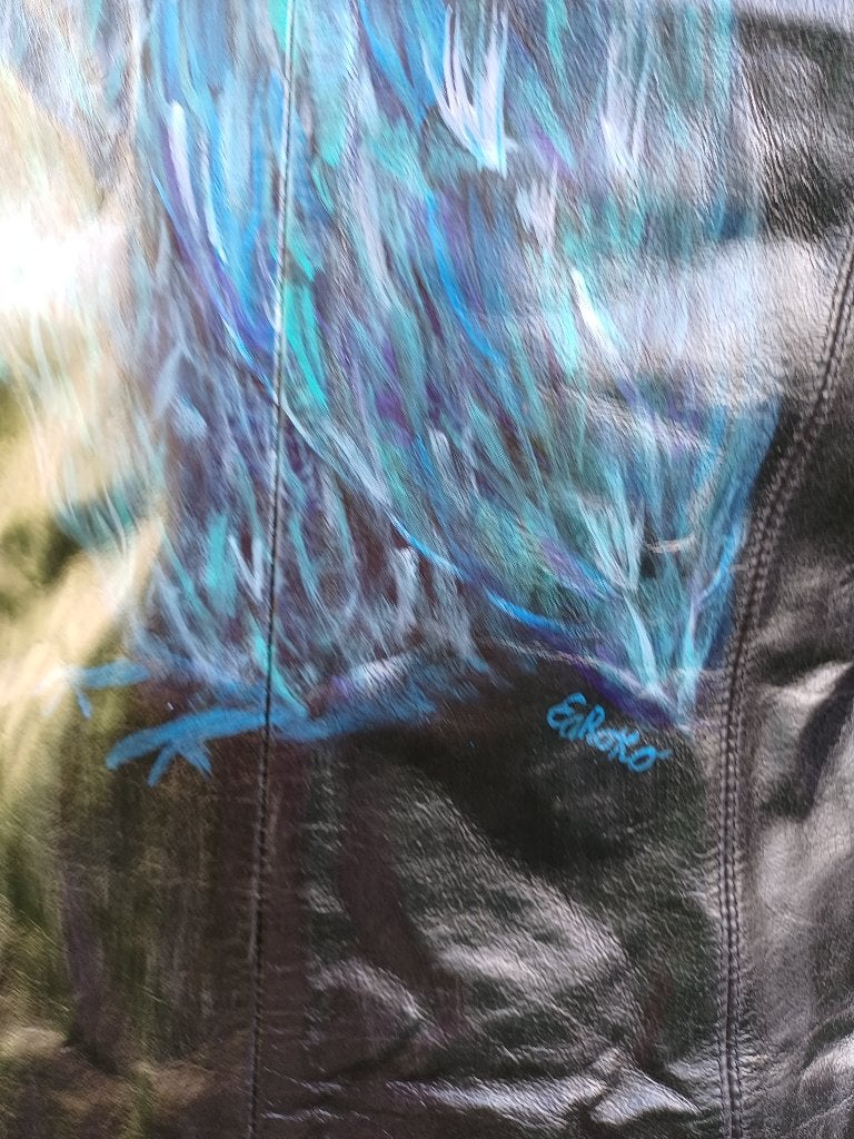 Stoere zwarte leren jas met blauwe uil mt 40 merk Florence, Kleding | Dames, Maat 38/40 (M), ., Zwart, Ophalen of Verzenden