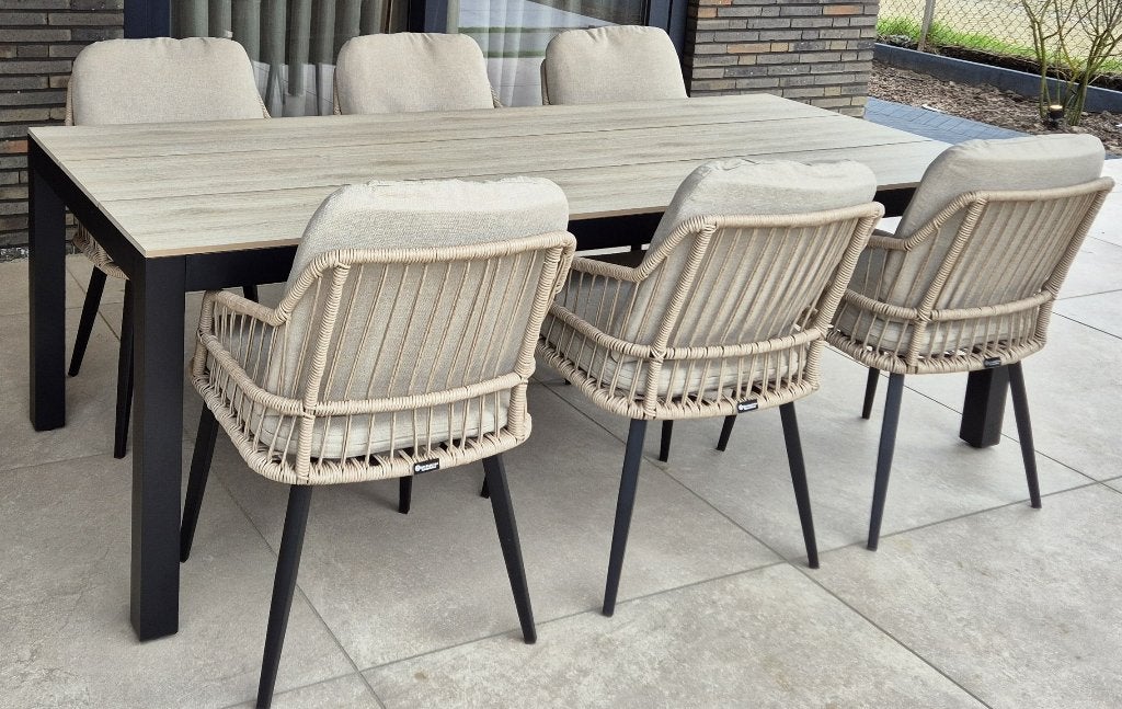 Diningset | 6 Isabel stoelen | 225cm Cyprus tuintafel, Ophalen, Zo goed als nieuw, Rechthoekig, Metaal