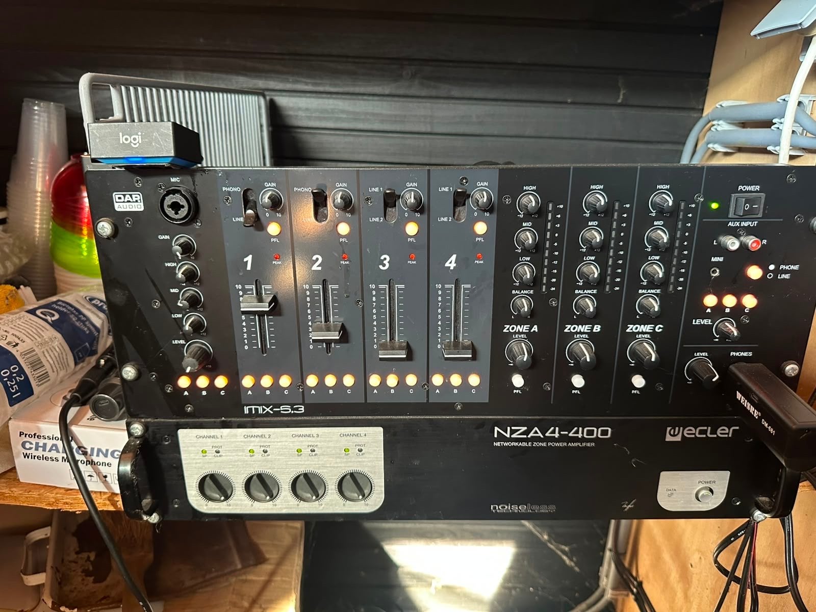 Complete geluidsinstallatie met mixer en speakers, Ophalen, Gebruikt