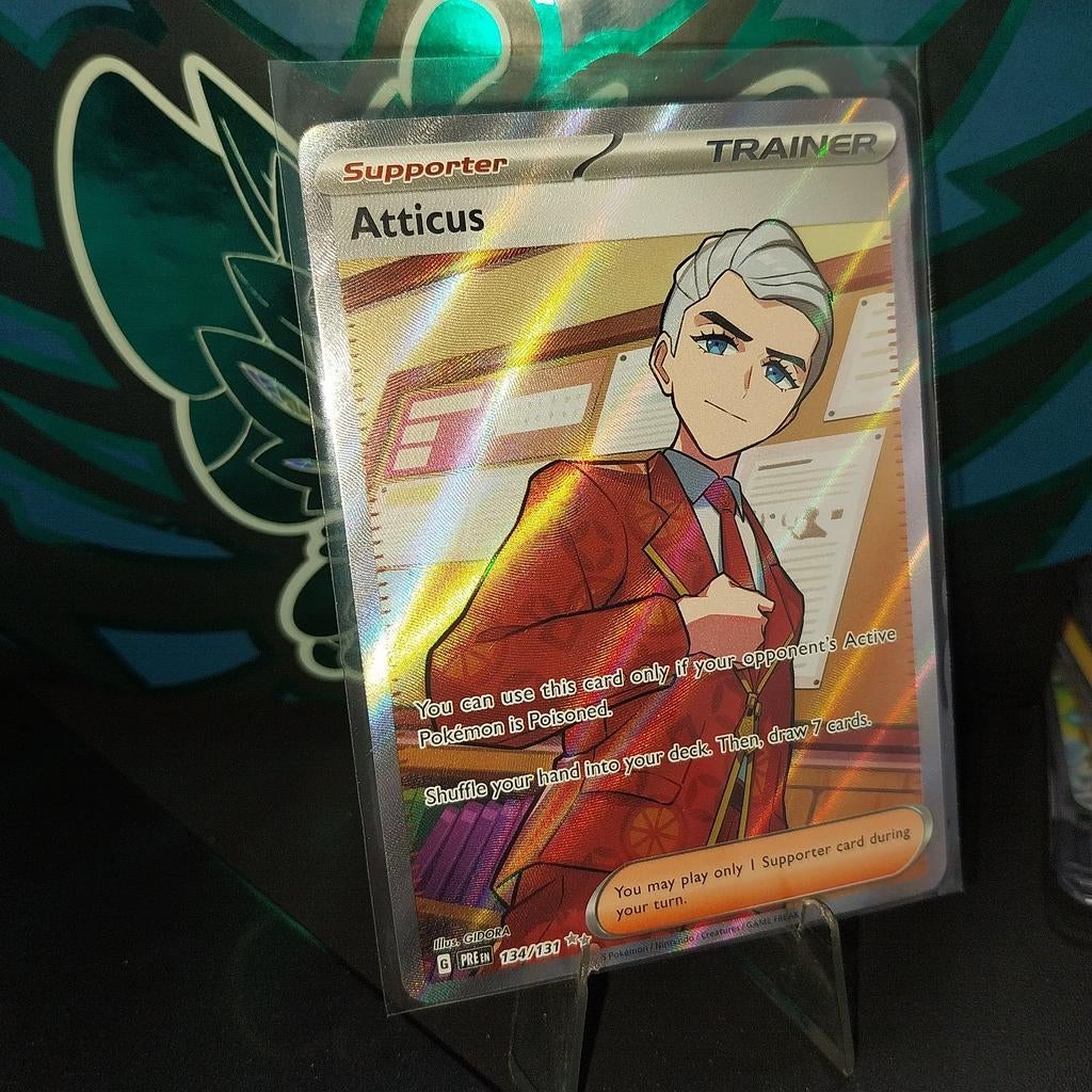 Atticus (134/131) Scarlet & Violet: Prismatic Evolutions, Ophalen of Verzenden, Zo goed als nieuw, Losse kaart, Foil