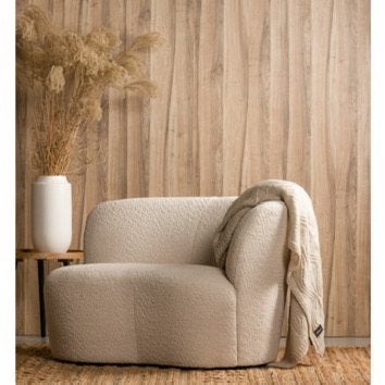 WOOOD fauteuil Stone crème bouclé stof met leuning rechts, Huis en Inrichting, Ophalen, 75 tot 100 cm, Zo goed als nieuw, Boucle