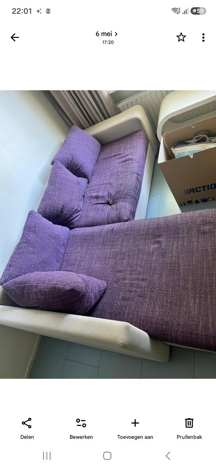 Comfortabele paarse hoekbank met kussens €25,00, Huis en Inrichting, Ophalen of Verzenden