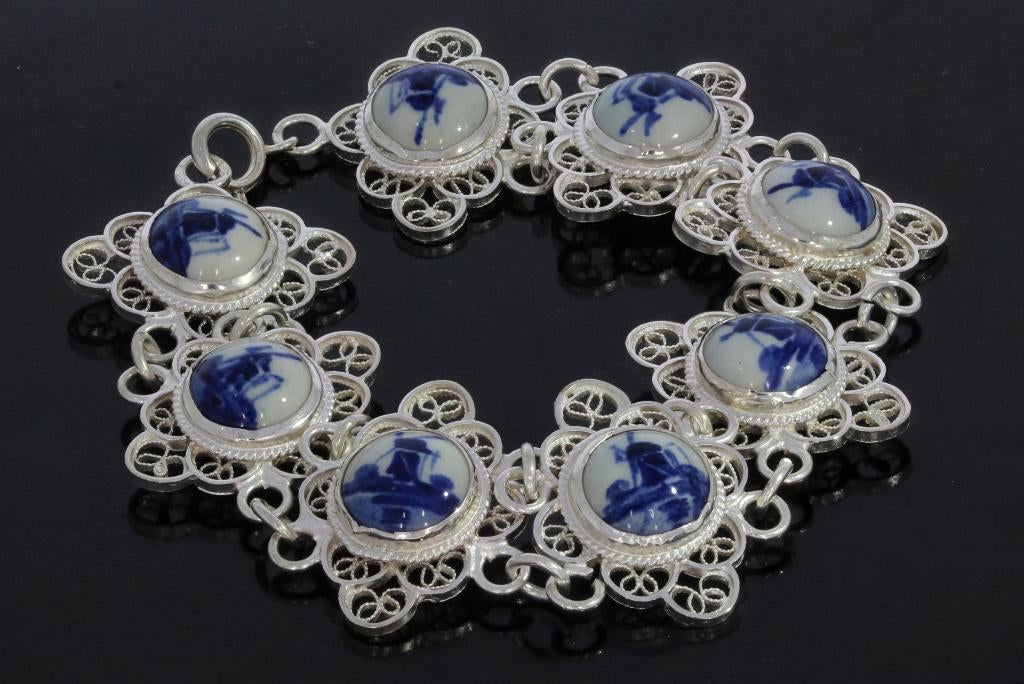 Delftsblauwe molen zilveren fraaie armband dames vintage, Verzenden, Zilver, Armband, Met edelsteen