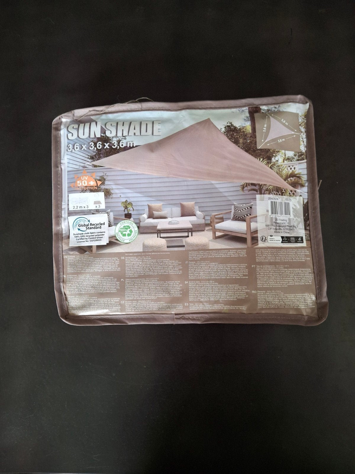 Sun Shade Schaduwdoek 3,6 x 3,6 x 3,6 m UV 50+, Ophalen