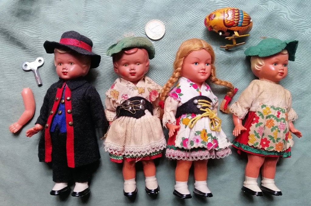 4 oude Schwarzwalder mechanische danspoppetjes en kuiken, Ophalen of Verzenden