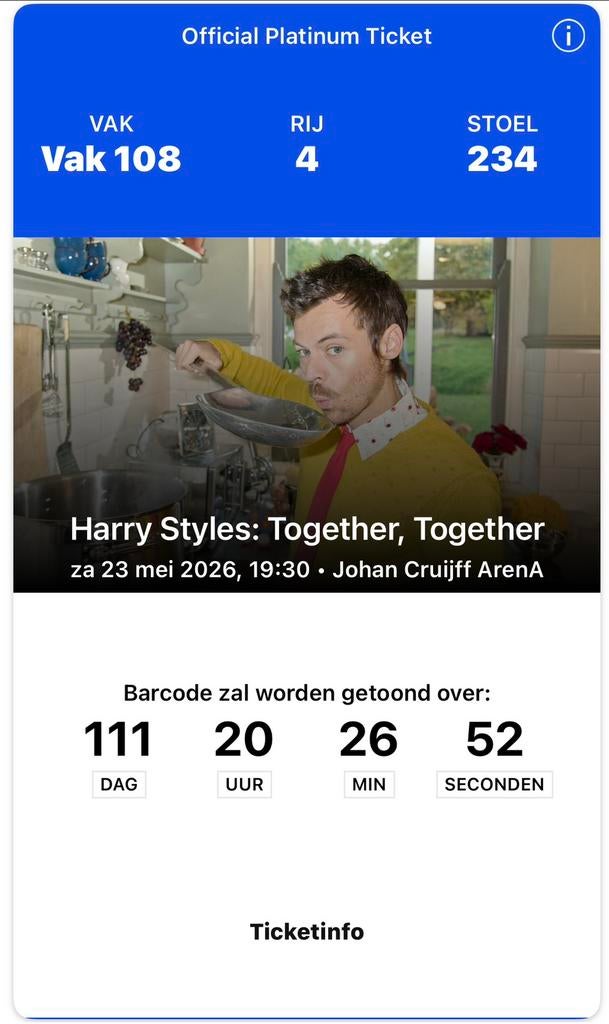 2 Harry Styles platium kaartjes Zaterdag 23 Mei Vak.108!, Tickets en Kaartjes, Twee personen