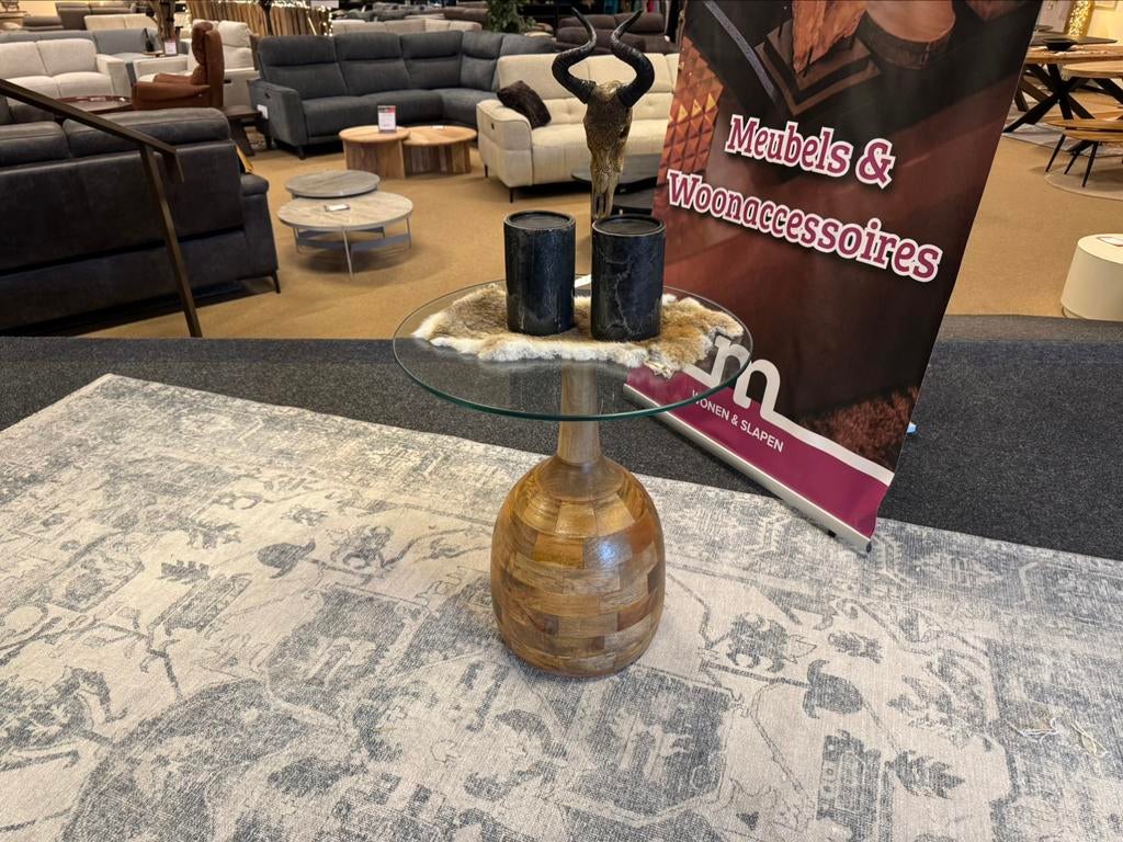 Salon/bijzettafel Bella rond Ø50 Glas Mangohout 50% Korting, Huis en Inrichting, Tafels | Salontafels, Nieuw, 50 tot 100 cm, 50 tot 100 cm