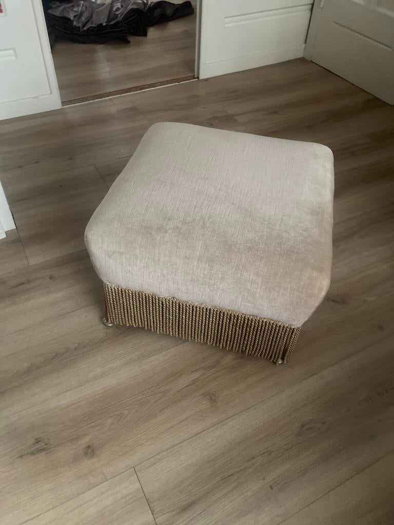 Vintage poef met franjes, Ophalen, Zo goed als nieuw, Rond, Minder dan 50 cm