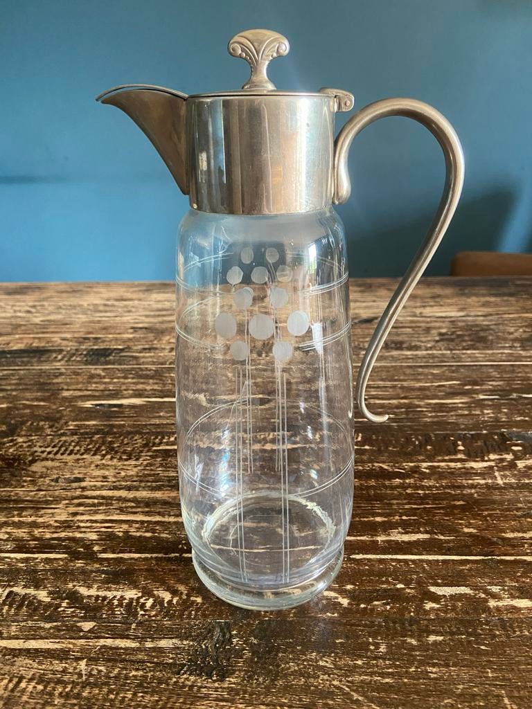 Antieke glazen karaf met verzilverd deksel, Antiek en Kunst, Antiek | Glas en Kristal, Ophalen of Verzenden