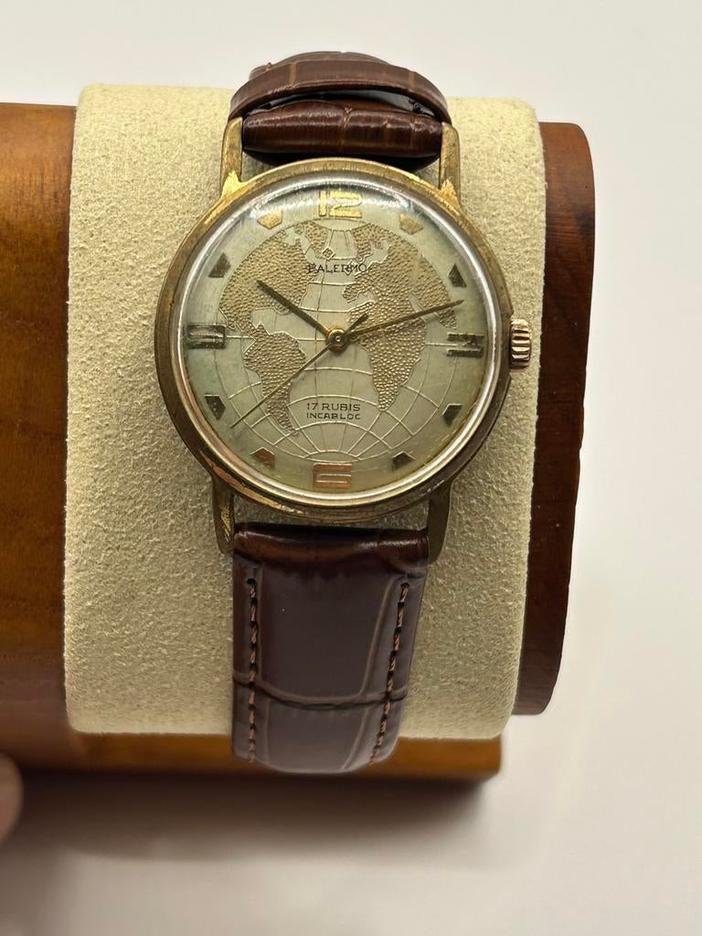 Palermo Vintage 17 Rubis –World Map Dial –33mm–Jaren ’50 ‘60, Sieraden, Tassen en Uiterlijk, Horloges | Antiek, Overige merken